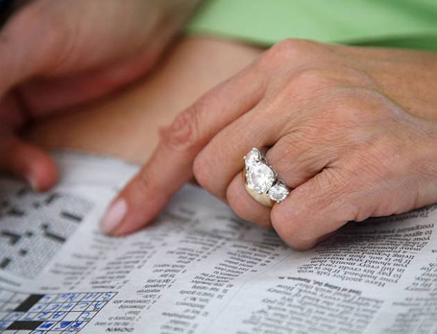 Diamond ring on woman's hand.